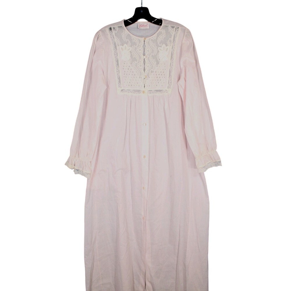 Vtg GILEAD Pink Lawn Button-Up Lace Trim FARMHOUSE Cottagecore Nightgown/ROBE M